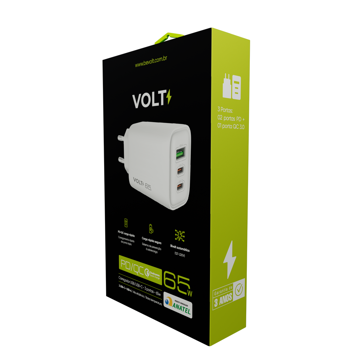 CARREGADOR DE PAREDE VOLT 65W  COM TRÊS PORTAS