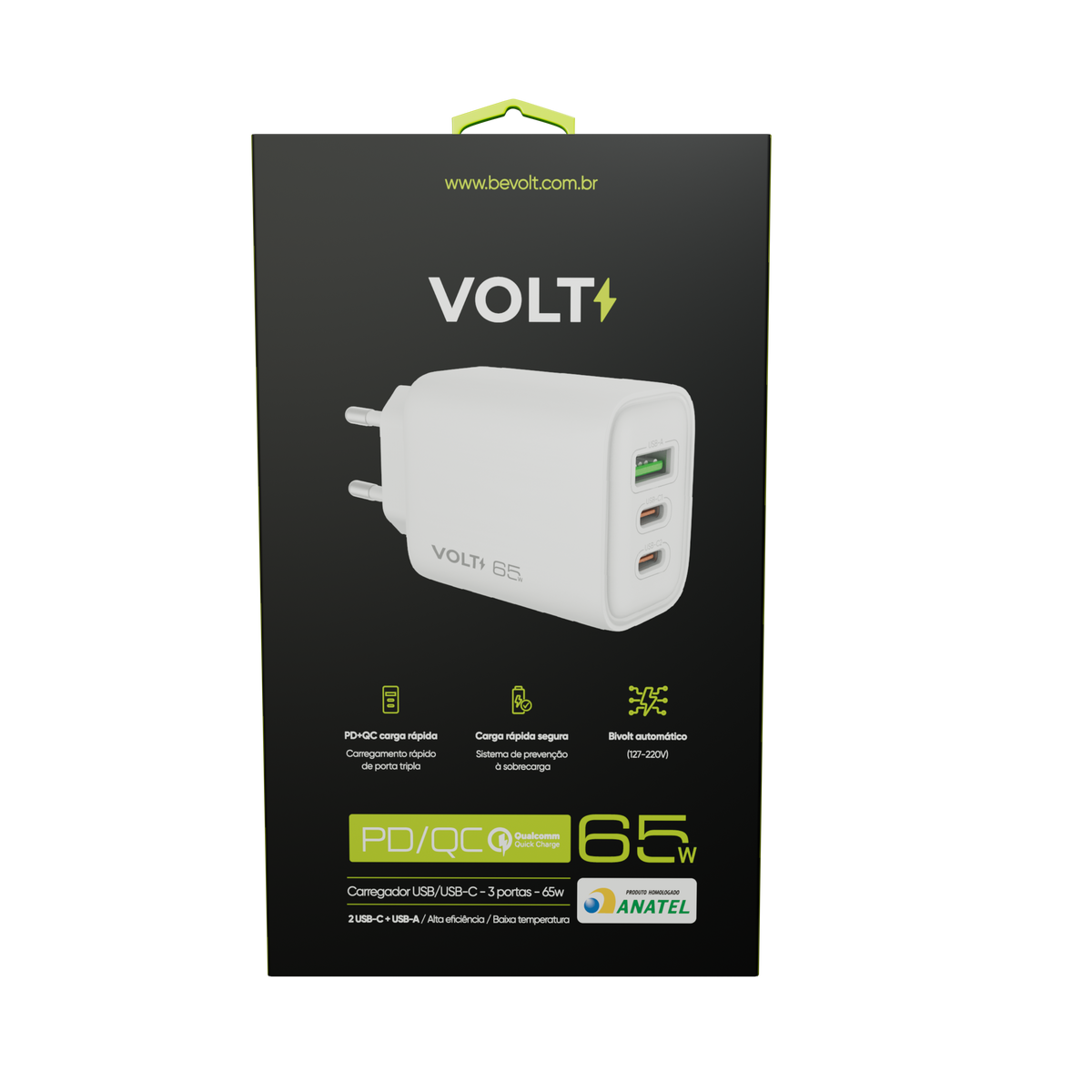CARREGADOR DE PAREDE VOLT 65W  COM TRÊS PORTAS
