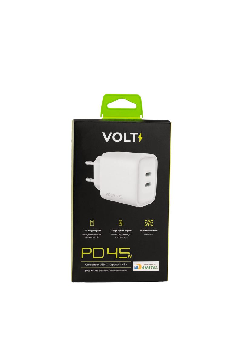 CARREGADOR DE PAREDE VOLT 45W COM DUAS PORTAS USB-C