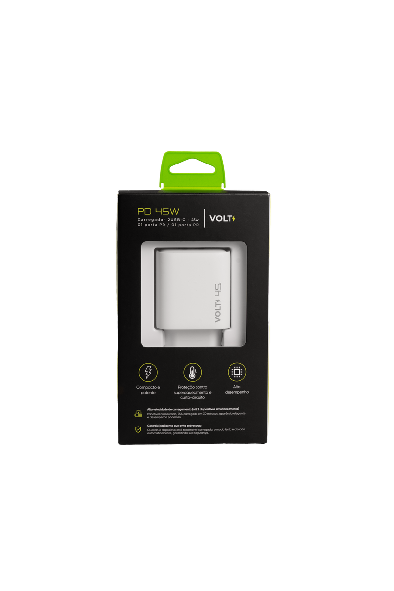 CARREGADOR DE PAREDE VOLT 45W COM DUAS PORTAS USB-C